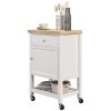 Kitchen Cart, White, Rolling Island with Rubberwood Top, Drawer, Wine Rack, Cabinet on Wheels