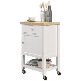 Kitchen Cart, White, Rolling Island with Rubberwood Top, Drawer, Wine Rack, Cabinet on Wheels