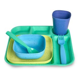24-Piece Plastic Kids Dinnerware Set – Blue, Teal, Yellow & Navy, BPA-Free, Dishwasher Safe