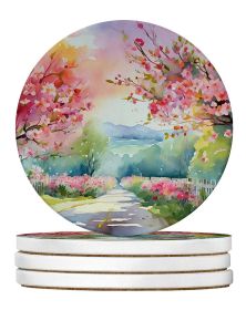 Michigan Apple Blossoms in Watercolor Large Sandstone Coasters Pack of 4 Absorbent Round Coasters Decor Gifts for Men or Women, 4 in, Multicolor