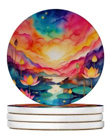 Colorful Lotus Large Sandstone Coasters Pack of 4 Absorbent Round Coasters Decor Gifts for Men or Women, 4 in, Multicolor