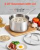VEVOR 4 QT Saucepan, Stainless Steel Saucepan with Glass Lid, Multipurpose Nonstick Stainless Steel Small Cooking Sauce Pot with Ergonomic Handle
