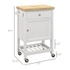 Kitchen Cart, White, Rolling Island with Rubberwood Top, Drawer, Wine Rack, Cabinet on Wheels