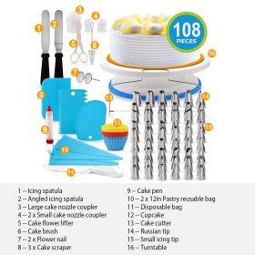 1 Set 11in Rotating Cake Turntable 108Pcs Cake Decorating Supplies Kit Revolving Cake Table Stand Base Baking Tools (Color: Blue)