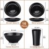 Black Dinnerware Set for 4, 16 Pack Plastic BPA-Free Dinner Plates, Salad Plates, Cereal Bowls, Cups, Unbreakable Plates and Bowls Sets